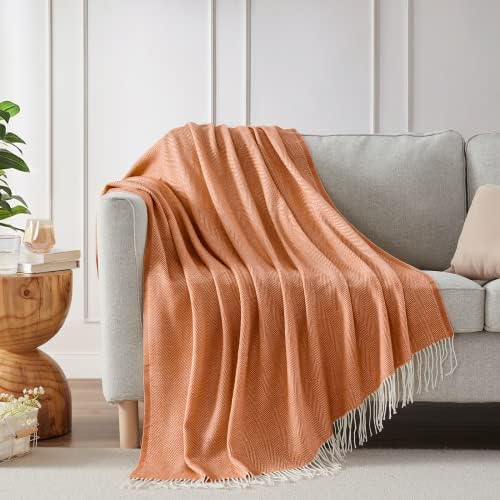 BOURINA Decorative Herringbone Faux Cashmere Fringe Throw Blanket 1