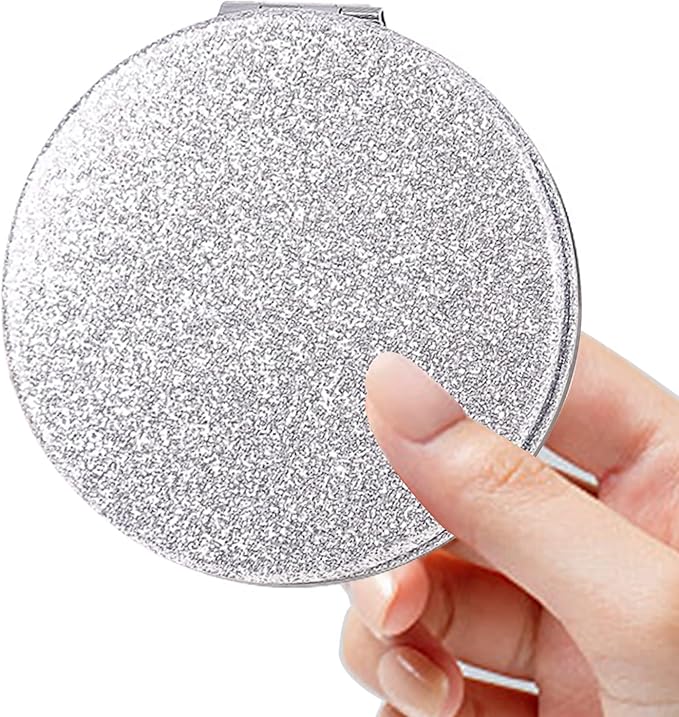 Magnifying Travel Makeup Mirror with Glitter Portable Foldable Design – Silver