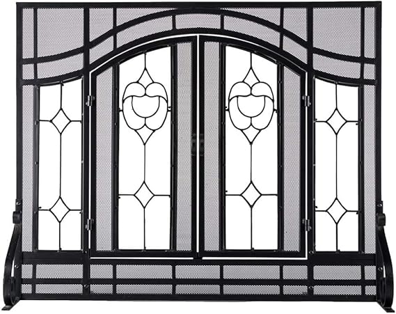 Plow Hearth Metal Fireplace Screen Glass Floral Black 1