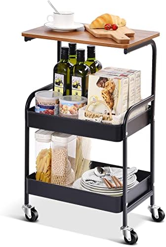 TOOLF Utility Cart with Wooden Table Top 3 Tier Metal Rolling 1