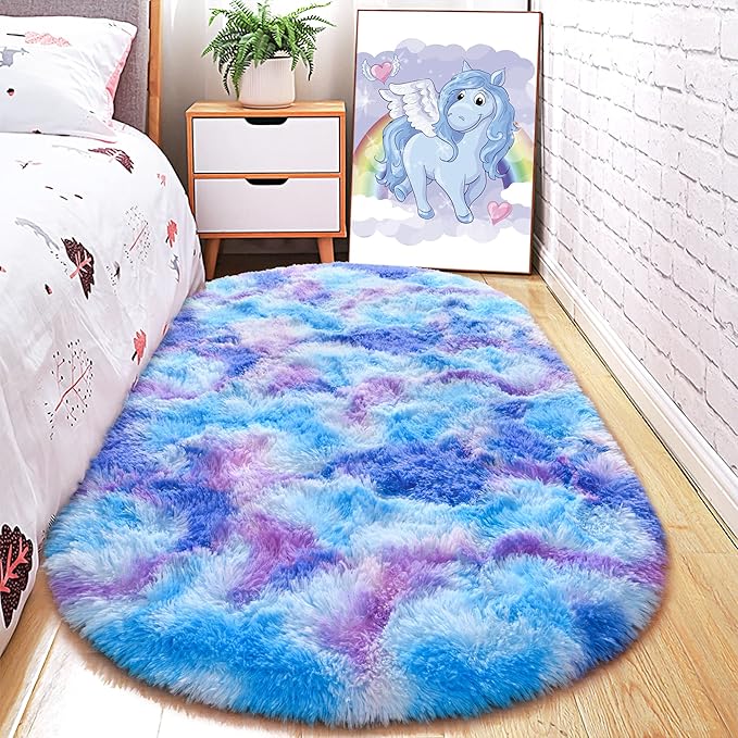 Junovo Rainbow Colorful Pink and Blue Bedroom Area Rug